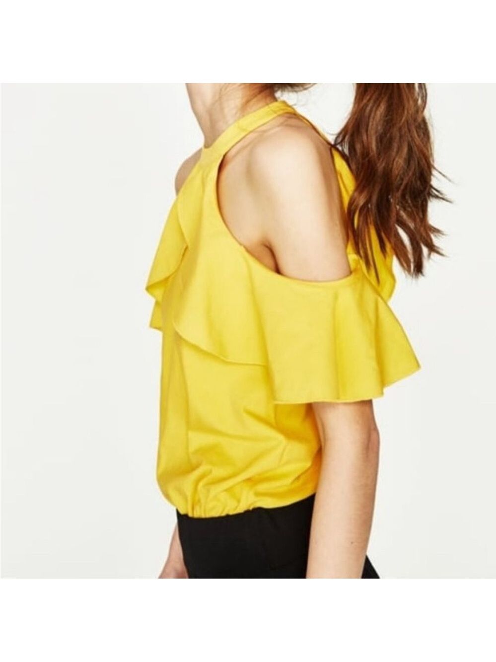 Zara Bright Yellow Ruffle Cold Shoulder Bodysuit, size M